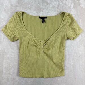 Forever 21 Olive Green Ribbed Henley Crop Top Size S Y2K